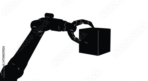 Robotic arm carefully picks up a dark cube against a white background, symbolizing automation and precision.