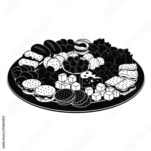 Elegant charcuterie board with assorted cheeses meats and fruits in detailed artistic drawing silhouette