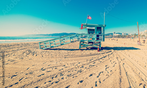 Lifeguard tower in Santa Monica State Beach in vintage tone