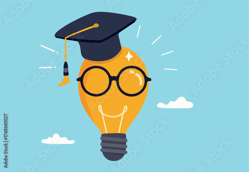 Education or knowledge is power to build creativity, idea or solution, academic or training course concept, genius bright lightbulb wearing eyeglasses and graduation hat or mortar board.