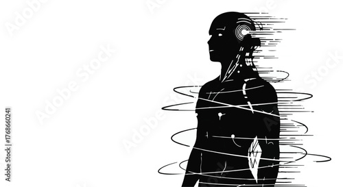 Silhouette of a person with digital data streams flowing around their head, representing artificial intelligence and technology.