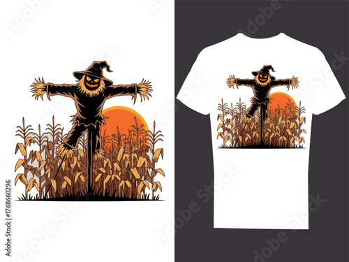 Vintage pumpkin-headed scarecrow Halloween T-shirt design	