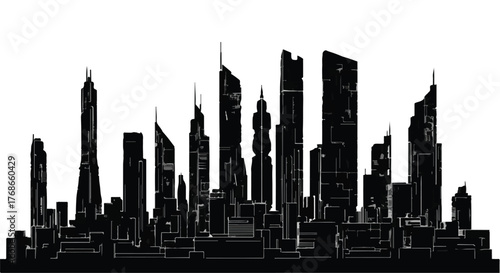 Modern city skyline silhouette at night, showcasing futuristic architecture and urban development.