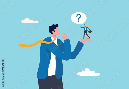 Ask yourself a question, process for self improvement, personal development, problem solving or review and evaluation concept, curious businessman asking himself for answer with big question mark.