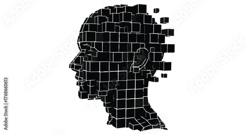 Abstract digital head dissolving into geometric cubes, representing data, AI, or fragmented thoughts
