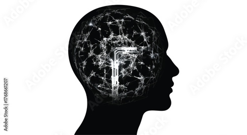 Silhouette of a human head with glowing neural network and abstract technology concept inside