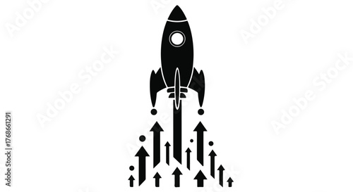 Rocket launching upwards with upward trending arrows symbolizing growth and success