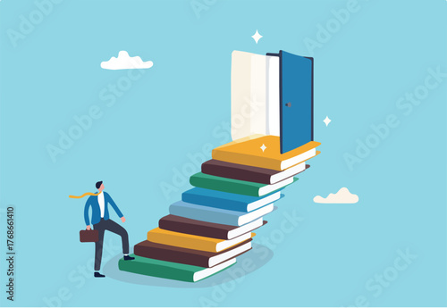 Education or learning for new opportunity, wisdom or knowledge to open door to success, solution, growth or career learning concept, businessman climb up book stack stair to reach opportunity door.