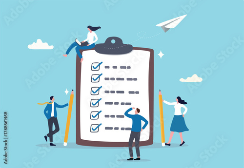 Checklist to complete project task, accomplish work checkmark, todo list clipboard or project status report, plan to finish work concept, business people holding pencil complete task checkbox.