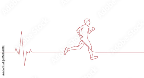 Continuous line art of an EKG heartbeat transitioning into a running figure, symbolizing fitness and health.