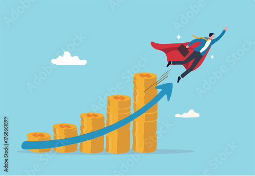 Money growth investment growing profit or compound interest, financial planning or increase revenue or income, wealth accumulation concept, success businessman superhero flying up money coins stack.
