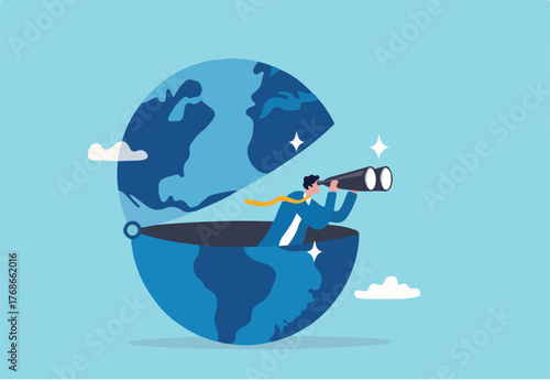 World economic vision or international opportunity for business, work or investment, searching for oversea business concept, smart businessman open globe using binoculars looking for future vision.