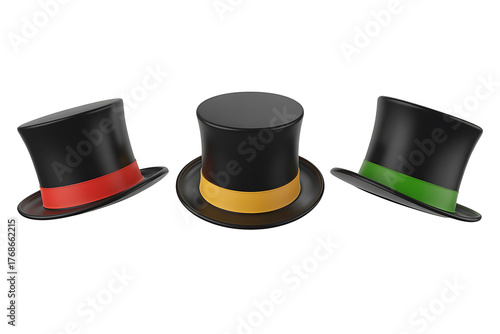 Three tall black hats with colorful bands, red, yellow, and green, stand in a row.