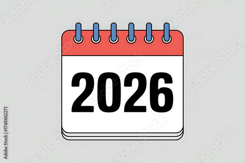 Calendar displaying the year 2026, with a red cover and blue spiral binding.