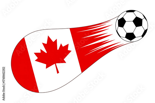 Canadian flag colors form a dynamic shape with a soccer ball in motion.
