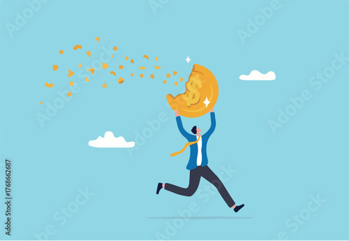 Depreciation, value reduce or drop, losing money from investment or economic recession, inflation or asset decline concept, businessman run away with value decrease dissolve dollar money coin.
