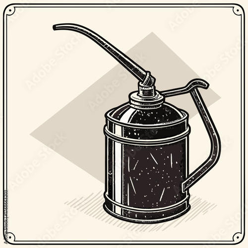 Vintage Oil Can with Spout and Handle on Textured Background Keywords: oil can, lubricant