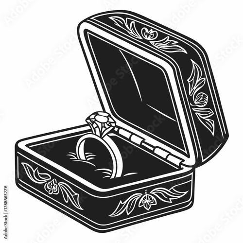 Open Black Ring Box with Diamond Ring and Floral Design on White Background jewelry box