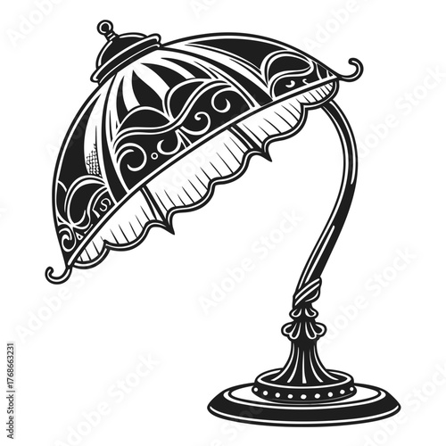 Ornate Vintage Desk Lamp with Detailed Base and Shade on White Background antique