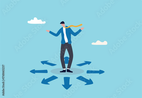 Choose career path, make life decision choice, decide the right or wrong direction, opportunity challenge, confusion or thinking to find the way concept, confused businessman choosing direction.