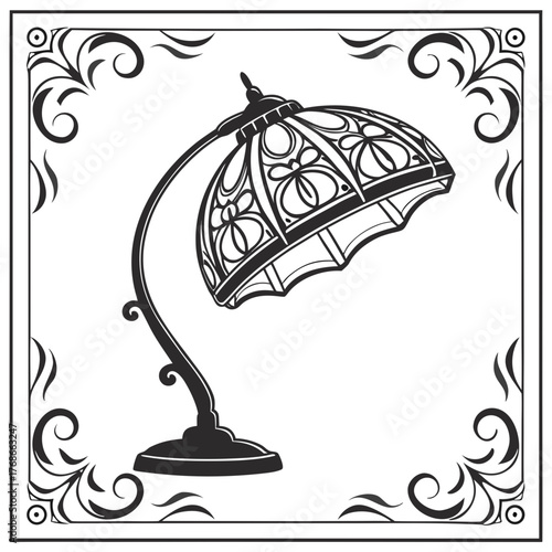 Ornate Vintage Table Lamp with Decorative Border on White Background antique