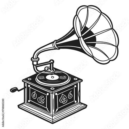 Antique Gramophone with Ornate Base and Horn Isolated on White Background Keywords: gramophone