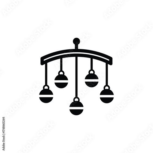 Simple line art icon of a baby crib mobile with hanging spheres silhouette