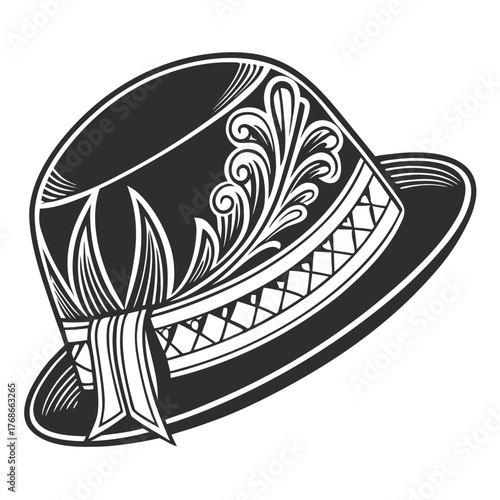 Black Silhouette of a Fedora Hat with Ornate Band Keywords: hat, fedora, silhouette, black and