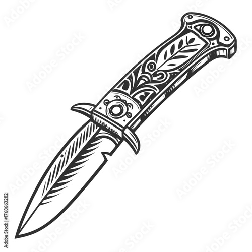 Ornate Folding Knife with Decorative Handle and Blade Detail sharp weapon