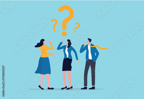 Confused business team finding answer or solution to solve problem, work question or doubt and suspicion in work process concept, businessman and woman team thinking with question mark symbol.
