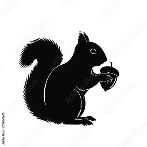 Charming black silhouette of a squirrel holding an acorn ideal for autumn designs silhouette