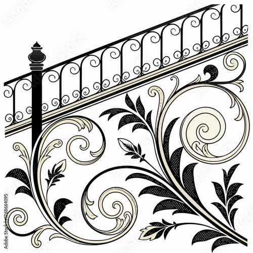 Ornate wrought iron railing vector illustration decorative architectural element with floral scrollwork isolated on white background