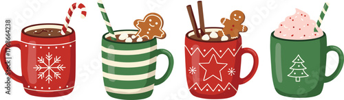 Christmas hot chocolate mugs, festive holiday drinks, cozy winter beverages, whipped cream toppings, gingerbread cookies, candy canes, seasonal illustration, cheerful design