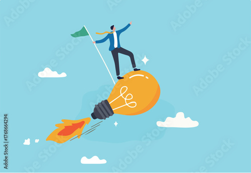 Success business idea, innovation or invention to reach goal, entrepreneur start new business, solution or career achievement concept, businessman holding winner flag riding flying lightbulb idea. 