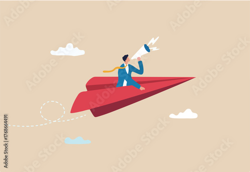 Communication, announcement or marketing message, loud speaker promotion notice or communicate important information concept, businessman on origami airplane shouting or announce message on megaphone.