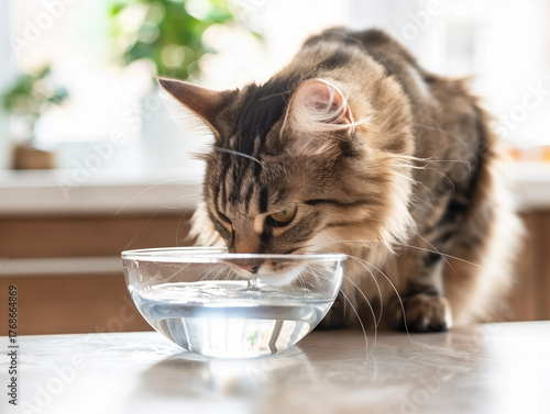 Maine coon cat drinking water from a clear bowl indoors