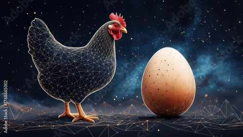 A chicken with a digital, wireframe body stands next to a large egg.  Dark background with star and cloud elements