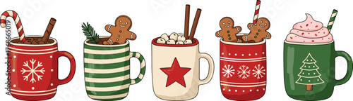 Christmas mugs collection, festive hot chocolate drinks, whipped cream, candy cane, gingerbread, marshmallows, cozy holiday beverages, seasonal winter celebration illustration