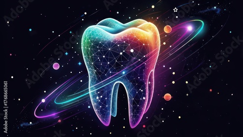A colorful, abstract tooth graphic, set against a dark cosmic background, with glowing, interconnected lines creating a 3D effect, and orbiting celestial bodies