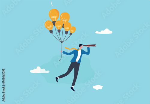 Business ideas, creativity or innovation to searching for new success, finding solution or imagination, visionary or new opportunity concept, businessman flying with lightbulb balloons and telescope.