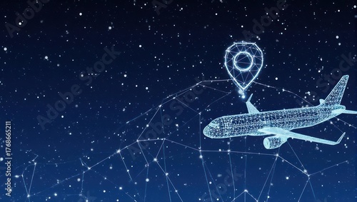 A digital airplane, location pin, and starry night.  Abstract,  technological,  travel concept