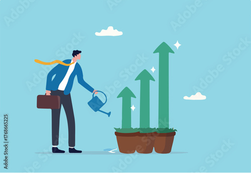 Grow business, growth or increase revenue income, personal development, growth mindset or investment profit, prosperity concept, businessman watering seedling plant with growing green growth arrow.