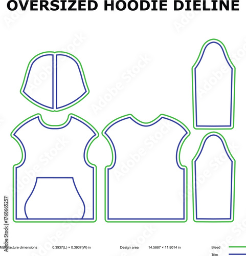 Oversized Hoodie Dieline Template with Bleed and Trim Lines for Apparel Design