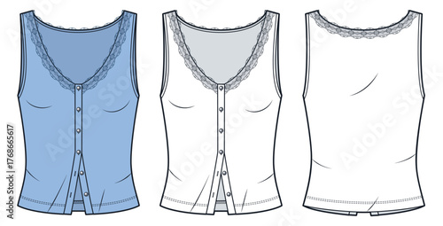 Women Lace Trim Button Tank Top Fashion Flat Sketch. V-Neck Top fashion flat technical drawing template, front and back view, white, blue, women CAD mockup set.
