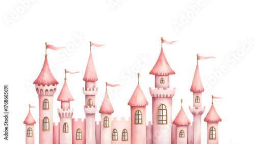 
Pink princess castle watercolor illustration for baby nursery decor. Fantasy castle watercolor print for girl birthday theme.