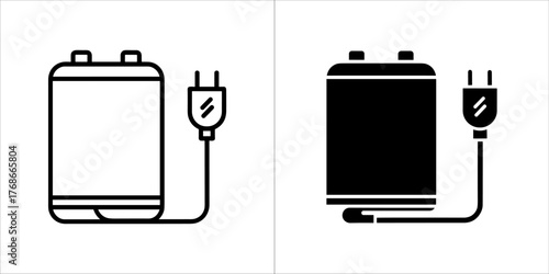 Outline and solid black icon of a battery with plug