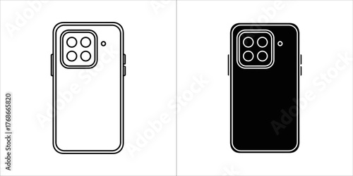 Smartphone back view icon in outline and solid black on a