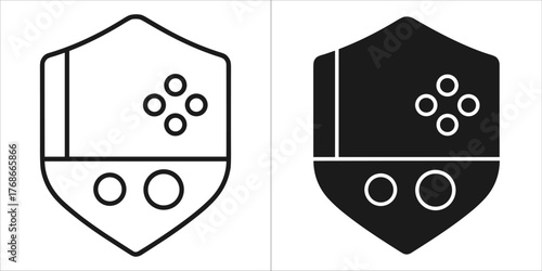 Two game controller shield icons, one outlined and one solid black