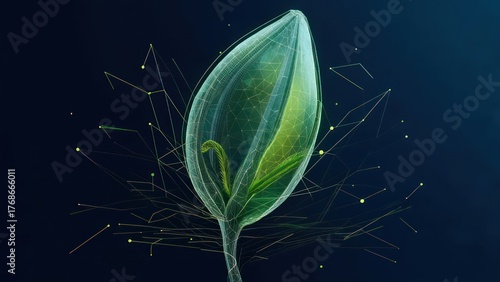 A futuristic, detailed illustration of a plant bud, with interconnected lines and glowing points