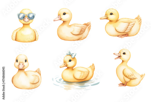 Watercolor baby duck illustration set for nursery and kids decor. Cute yellow duck in soft watercolor style.